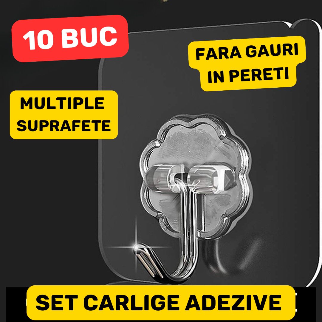 Set 10 Carlige cu suport adeziv, Fara GAURI in pereti
