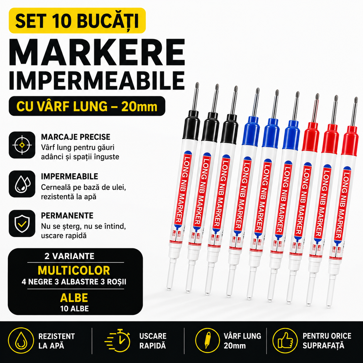 Markere Impermeabile cu Vârf Lung – Set 10 Bucăți