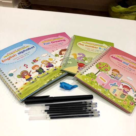 KalliBook - Set 4 Carti Caligrafie Reutilizabile - 2 x Stilou Magic + 16 x Rezerve Wonder Ink (PROMOTIE)