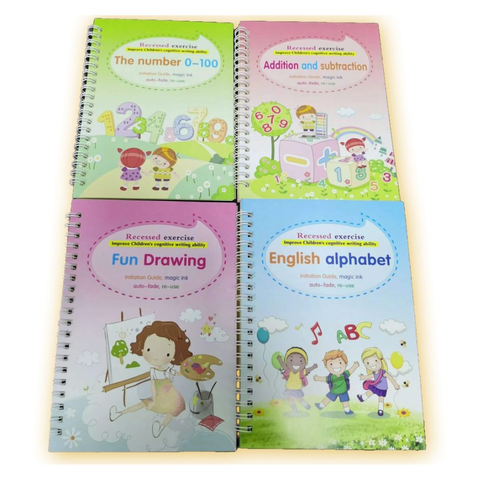 KalliBook - Set 4 Carti Caligrafie Reutilizabile - 2 x Stilou Magic + 16 x Rezerve Wonder Ink (PROMOTIE)